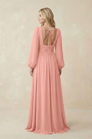 Rosette V-Neck Long Sleeve A-Line Chiffon Bridesmaid Dress (2) | KISSBRIDAL