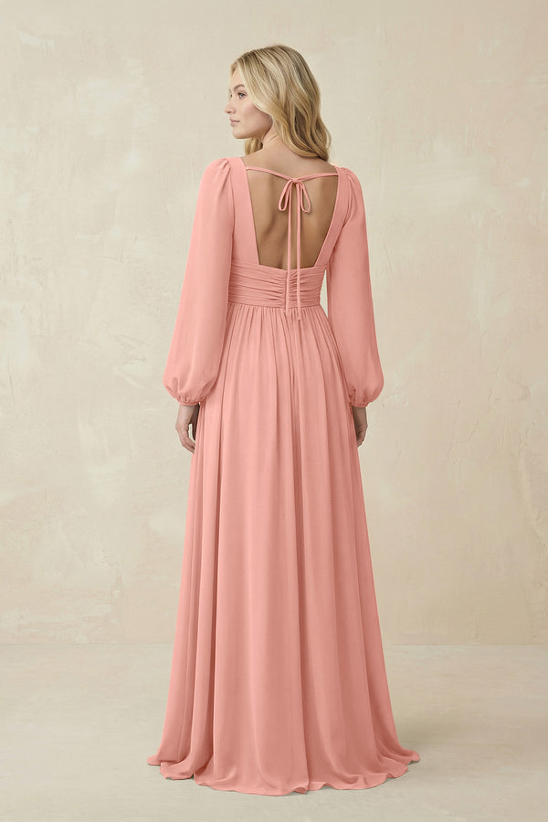 Rosette V-Neck Long Sleeve A-Line Chiffon Bridesmaid Dress (2) | KISSBRIDAL