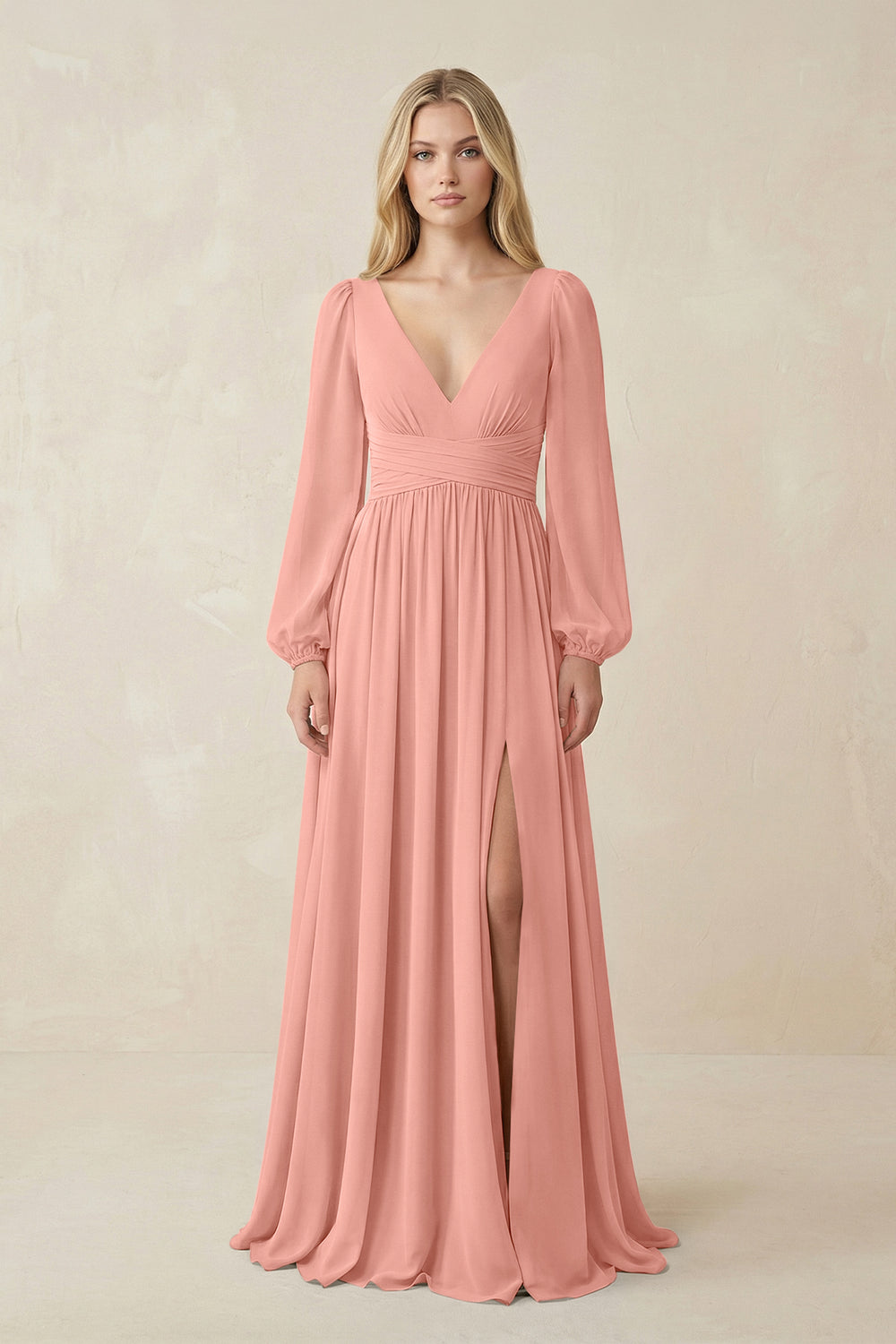 V-Neck Long Sleeve A-Line Chiffon Bridesmaid Dress in Rosette