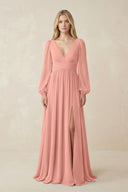 Rosette V-Neck Long Sleeve A-Line Chiffon Bridesmaid Dress | KISSBRIDAL