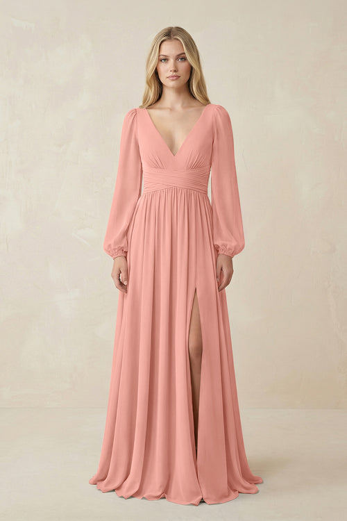 Rosette V-Neck Long Sleeve A-Line Chiffon Bridesmaid Dress | KISSBRIDAL
