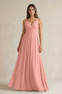 Rosette V-Neck Pleated A-Line Chiffon Bridesmaid Dress | KISSBRIDAL
