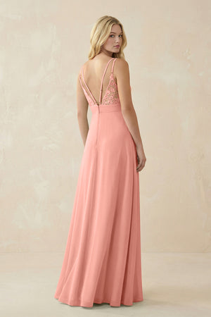 Rosette V-Neck Ruched Chiffon Bridesmaid Dress with Slit (2) | KISSBRIDAL