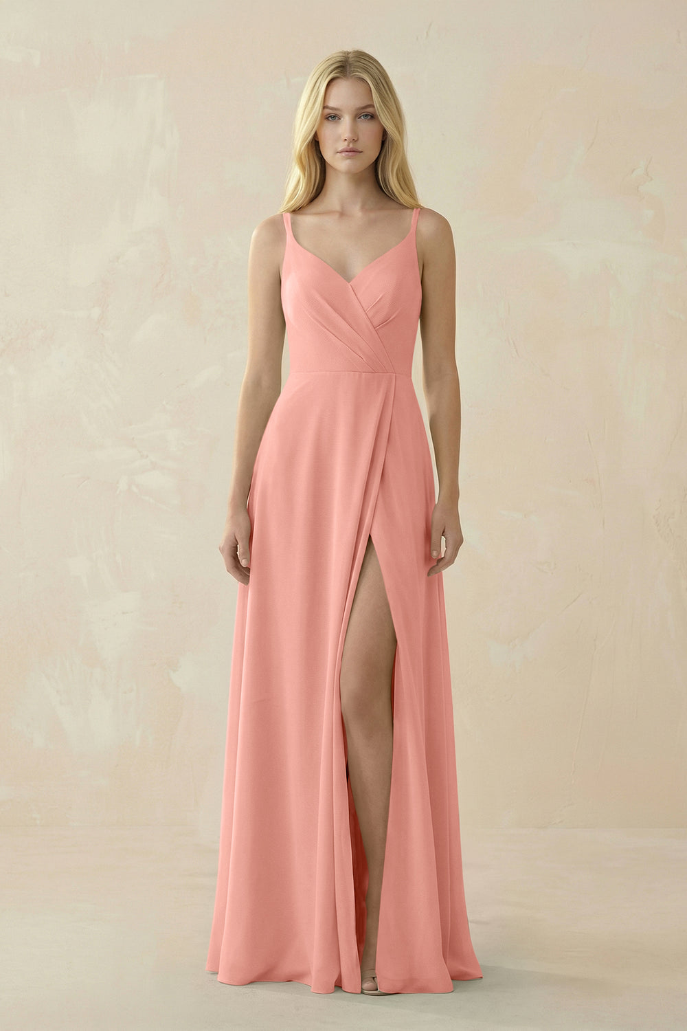 V-Neck Ruched Chiffon Bridesmaid Dress with Slit in Rosette
