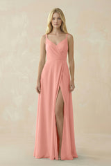 Rosette V-Neck Ruched Chiffon Bridesmaid Dress with Slit | KISSBRIDAL