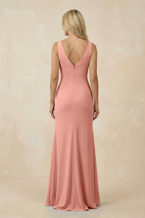 Rosette V-Neck Ruched Sheath Bridesmaid Dress with Slit (2) | KISSBRIDAL