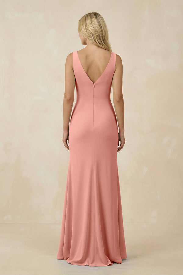 Rosette V-Neck Ruched Sheath Bridesmaid Dress with Slit (2) | KISSBRIDAL