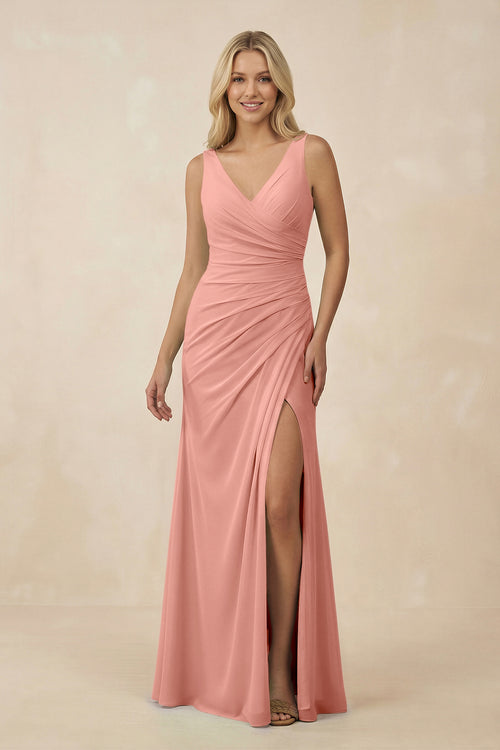 Rosette V-Neck Ruched Sheath Bridesmaid Dress with Slit | KISSBRIDAL