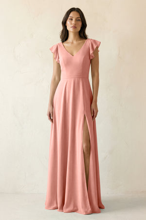 Rosette V-Neck Ruffled A-Line Chiffon Bridesmaid Dress | KISSBRIDAL