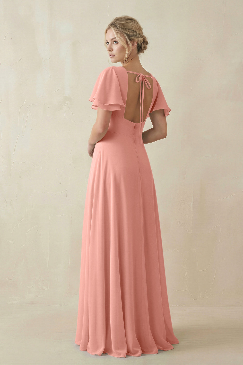 V-Neck Ruffled Short Sleeves A-Line Bridesmaid Dress in Rosette