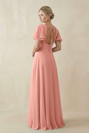 Rosette V-Neck Ruffled Short Sleeves A-Line Bridesmaid Dress (2) | KISSBRIDAL