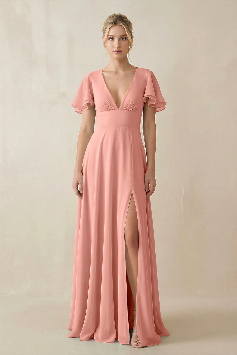 V-Neck Ruffled Short Sleeves A-Line Bridesmaid Dress in Rosette