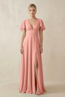 Rosette V-Neck Ruffled Short Sleeves A-Line Bridesmaid Dress | KISSBRIDAL