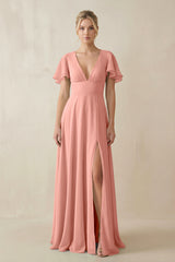 Rosette V-Neck Ruffled Short Sleeves A-Line Bridesmaid Dress | KISSBRIDAL