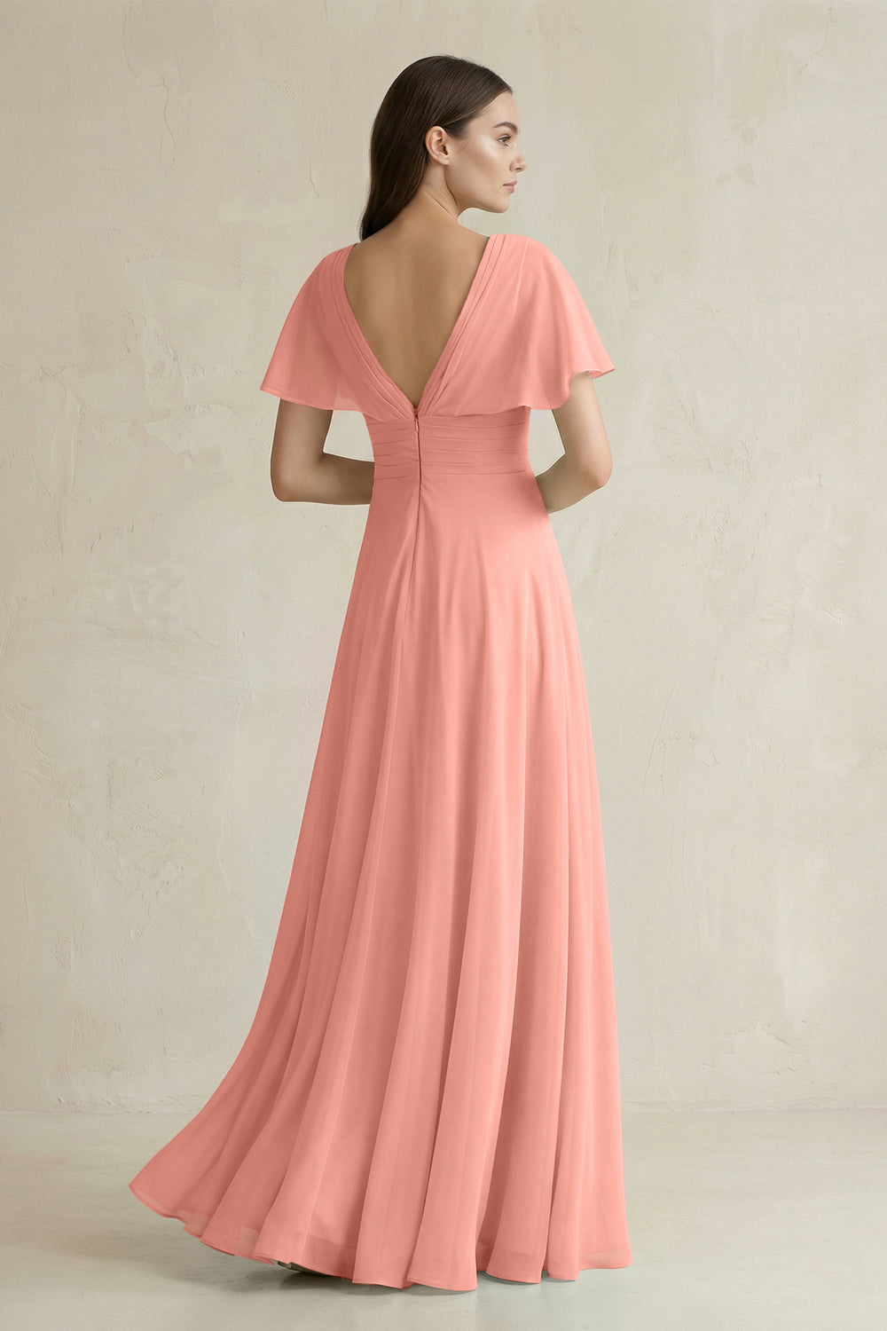 V-Neck Ruffled Sleeve A-Line Chiffon Bridesmaid Dress in Rosette