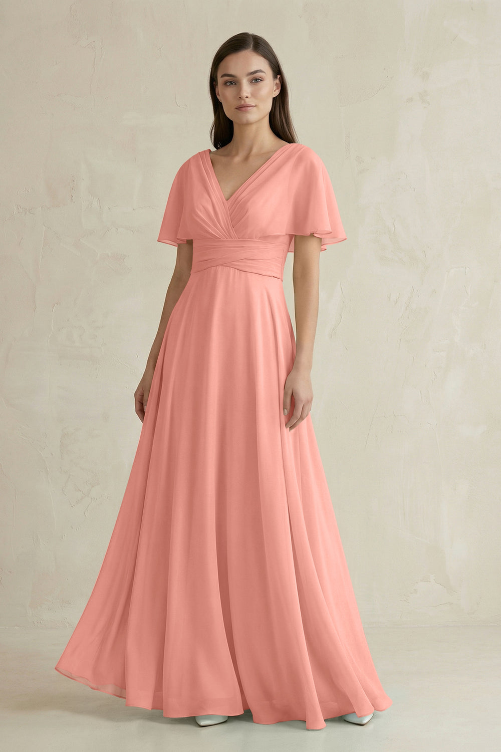 V-Neck Ruffled Sleeve A-Line Chiffon Bridesmaid Dress in Rosette
