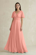 Rosette V-Neck Ruffled Sleeve A-Line Chiffon Bridesmaid Dress | KISSBRIDAL