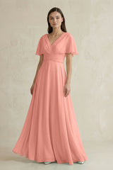 Rosette V-Neck Ruffled Sleeve A-Line Chiffon Bridesmaid Dress | KISSBRIDAL
