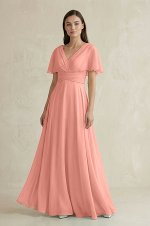 Rosette V-Neck Ruffled Sleeve A-Line Chiffon Bridesmaid Dress | KISSBRIDAL