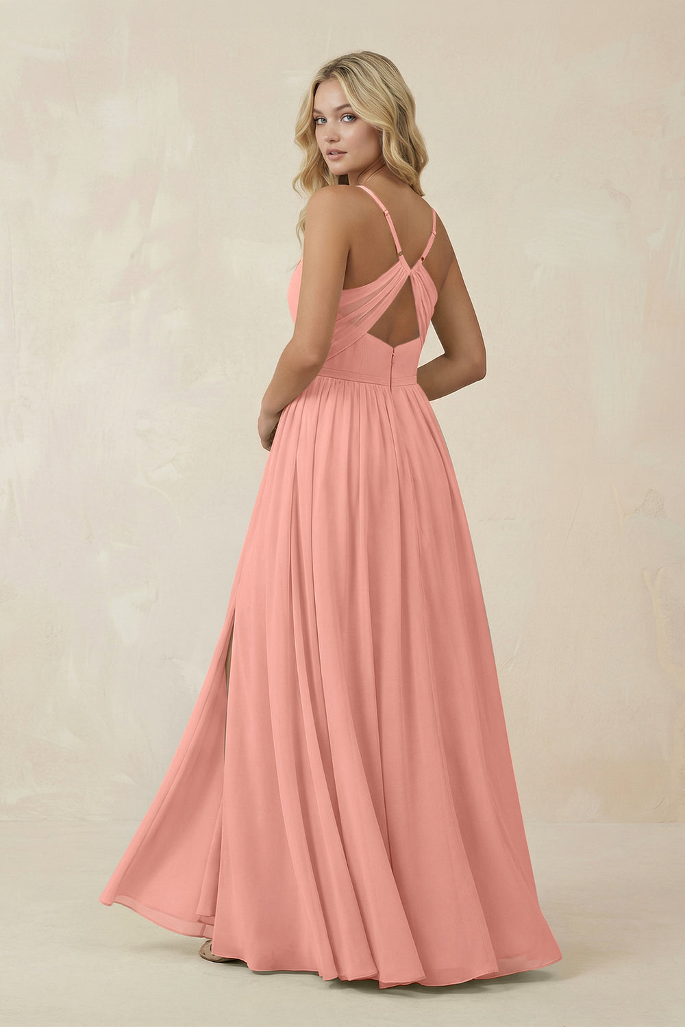 V-Neck Spaghetti Strap A-Line Chiffon Bridesmaid Dress in Rosette