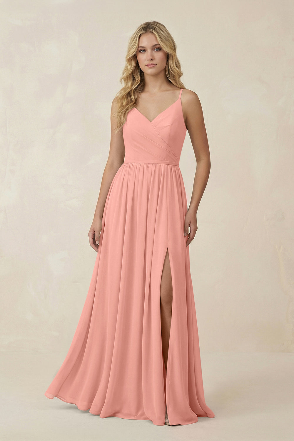 V-Neck Spaghetti Strap A-Line Chiffon Bridesmaid Dress in Rosette