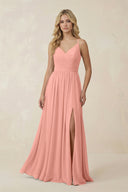 Rosette V-Neck Spaghetti Strap A-Line Chiffon Bridesmaid Dress | KISSBRIDAL