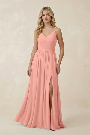 Rosette V-Neck Spaghetti Strap A-Line Chiffon Bridesmaid Dress | KISSBRIDAL