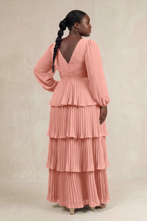 Rosette V-Neck Tiered A-Line Long Sleeve Bridesmaid Dress (2) [sizeplus] | KISSBRIDAL