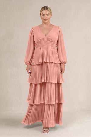 Rosette V-Neck Tiered A-Line Long Sleeve Bridesmaid Dress (3) [sizeplus] | KISSBRIDAL