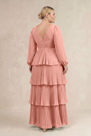 Rosette V-Neck Tiered A-Line Long Sleeve Bridesmaid Dress (4) [sizeplus] | KISSBRIDAL