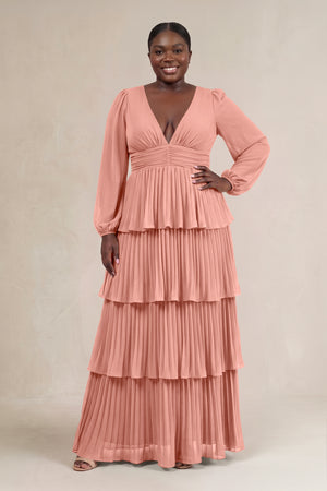 Rosette V-Neck Tiered A-Line Long Sleeve Bridesmaid Dress [sizeplus] | KISSBRIDAL