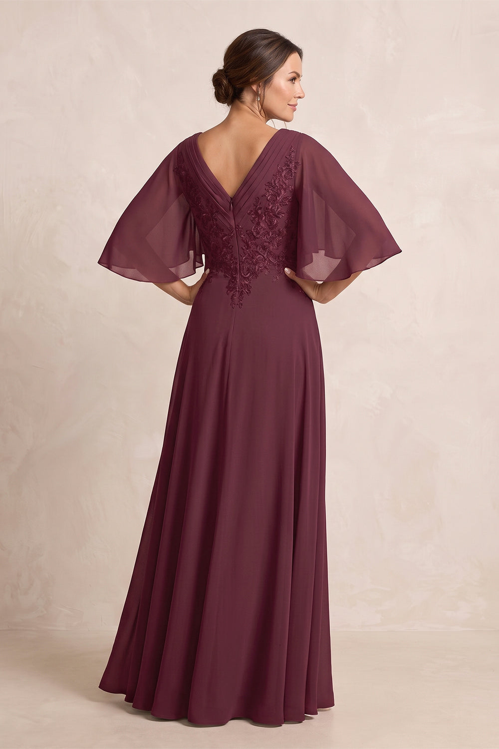 Rosewood A-Line Embroidered Chiffon Mother of the Bride Dress With Sleeves