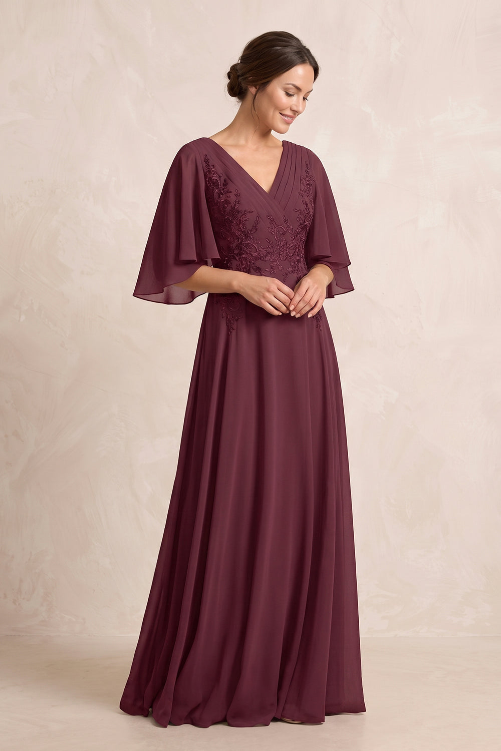 Rosewood A-Line Embroidered Chiffon Mother of the Bride Dress With Sleeves