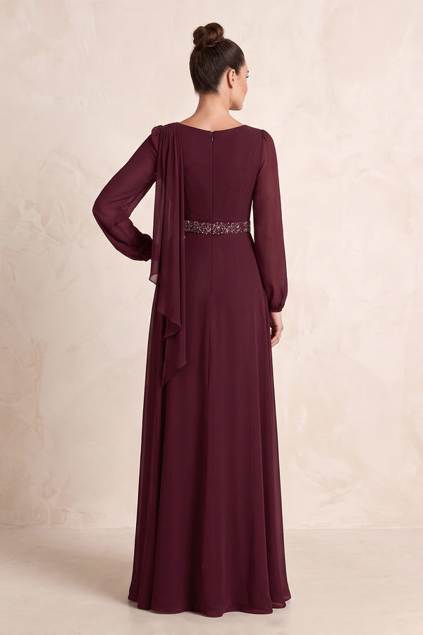 Rosewood A-Line Long Sleeves Beaded Chiffon Mother of the Bride Dress (2) | KISSBRIDAL