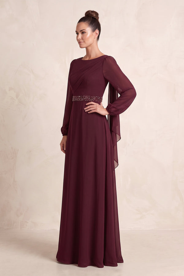 Rosewood A-Line Long Sleeves Beaded Chiffon Mother of the Bride Dress (3) | KISSBRIDAL