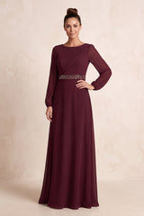Rosewood A-Line Long Sleeves Beaded Chiffon Mother of the Bride Dress | KISSBRIDAL