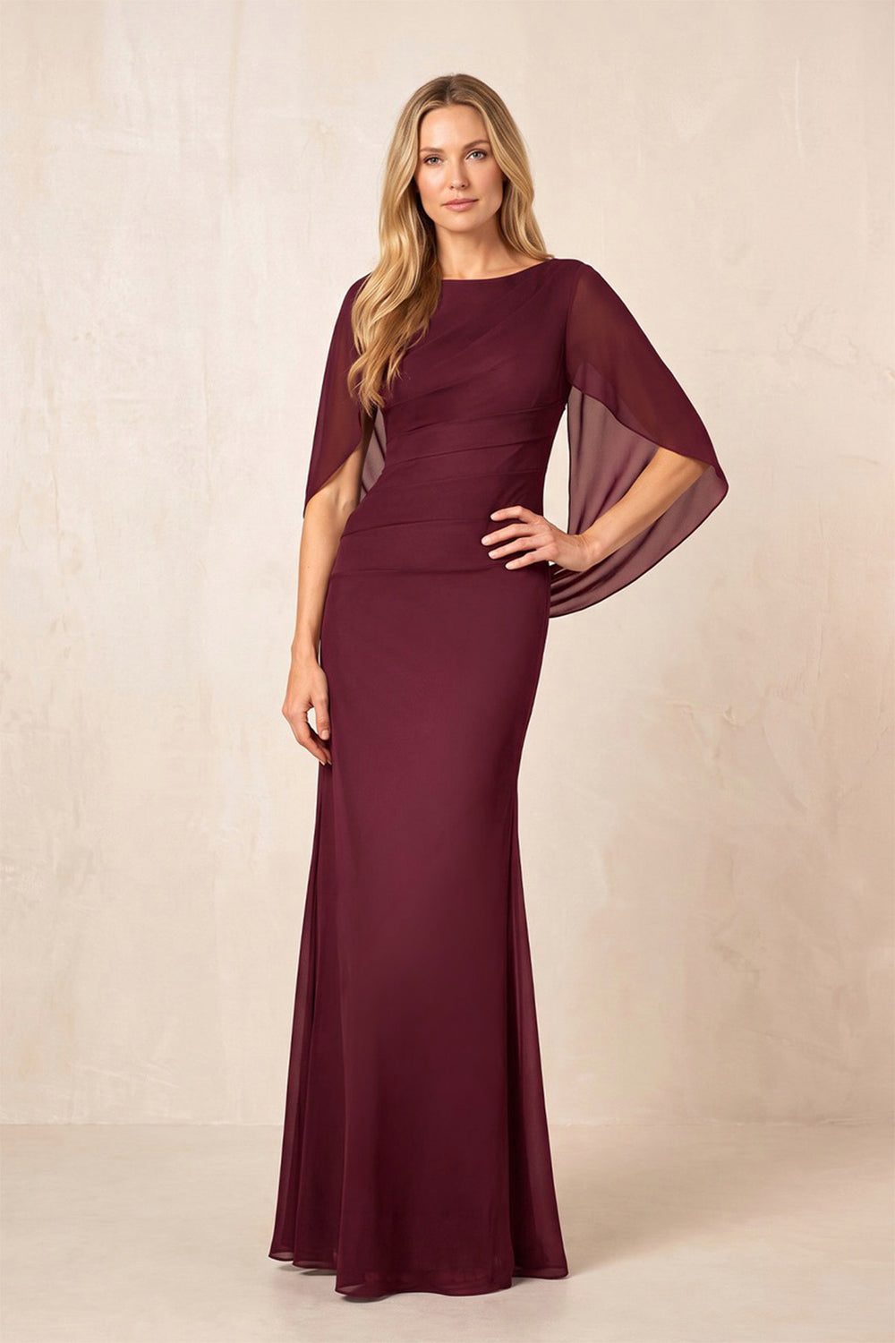Rosewood Boat Neck Chiffon Sheath Mother of the Bride Dress with Cape Sleeves
