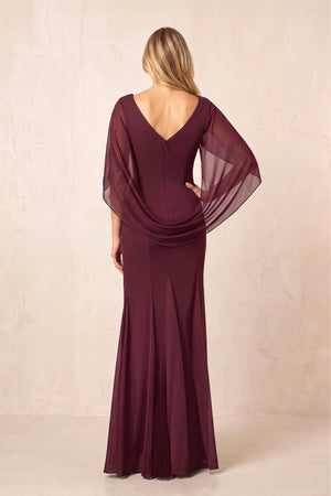 Rosewood Boat Neck Chiffon Sheath Mother of the Bride Dress with Cape Sleeves | KISSBRIDAL