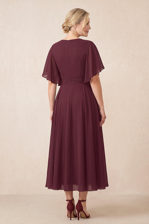 Rosewood Chiffon Flutter Sleeves A-Line Midi Mother of the Bride Dress (2) | KISSBRIDAL