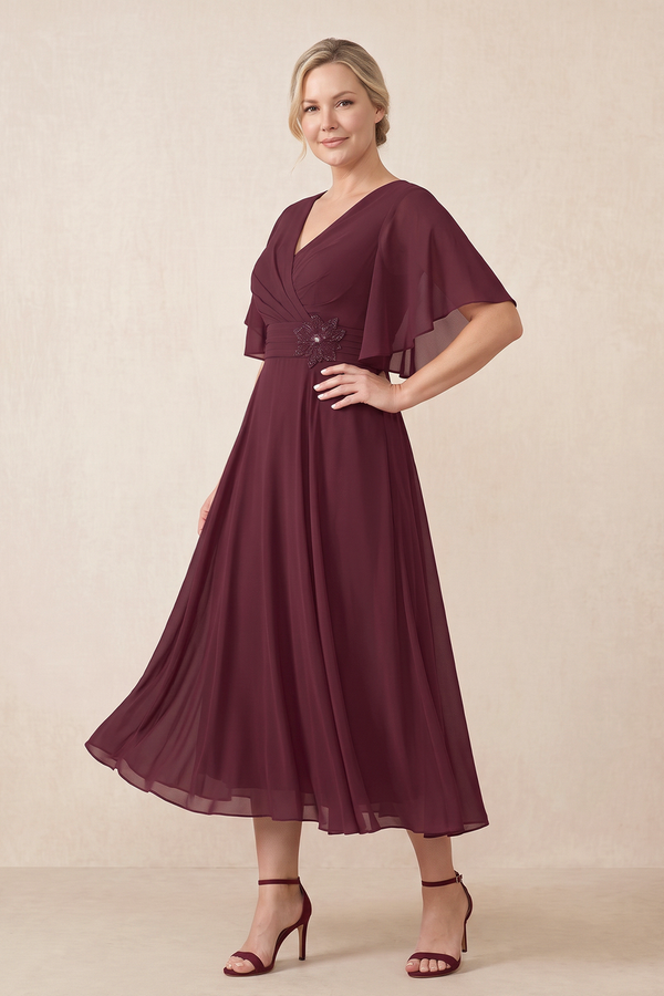 Rosewood Chiffon Flutter Sleeves A-Line Midi Mother of the Bride Dress (3) | KISSBRIDAL