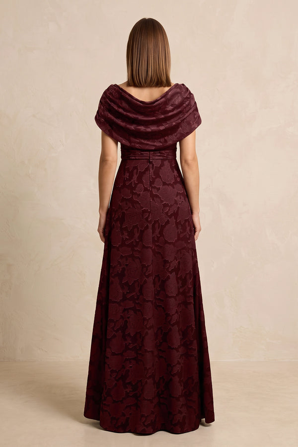 Rosewood Jacquard A-Line Off-the-Shoulder Mother of the Bride Dress with Slit (2) | KISSBRIDAL