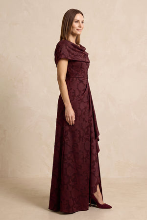 Rosewood Jacquard A-Line Off-the-Shoulder Mother of the Bride Dress with Slit (3) | KISSBRIDAL