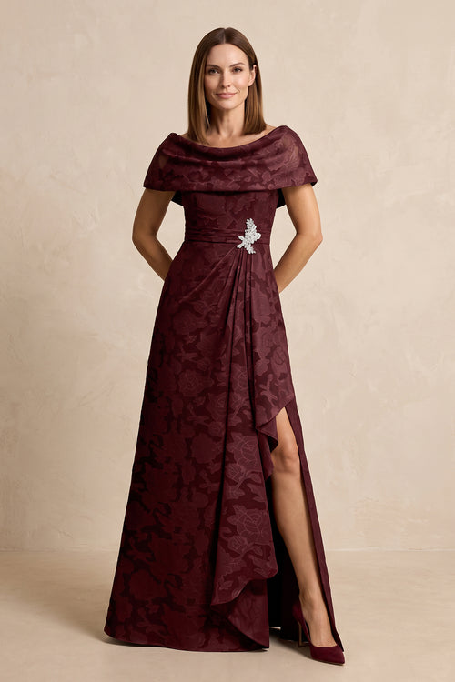 Rosewood Jacquard A-Line Off-the-Shoulder Mother of the Bride Dress with Slit | KISSBRIDAL