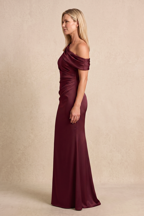 Rosewood One-Shoulder Satin Sheath Mother of the Bride Dress (3) | KISSBRIDAL