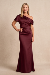 Rosewood One-Shoulder Satin Sheath Mother of the Bride Dress | KISSBRIDAL
