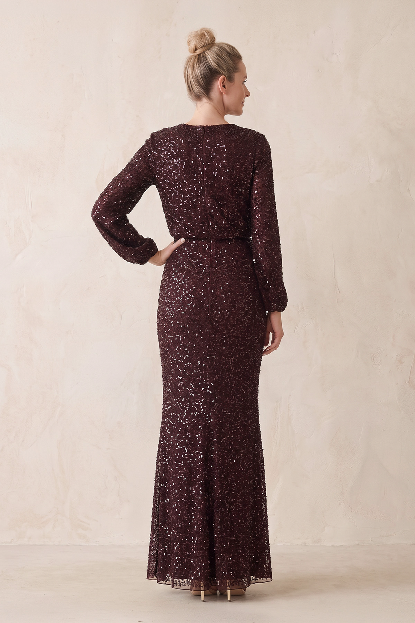 Rosewood Sequins Sheath Long Sleeves Round Neck Mother of the Bride Dress