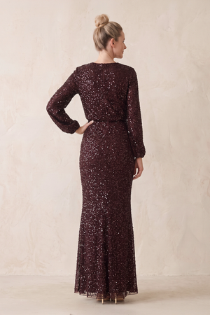 Rosewood Sequins Sheath Long Sleeves Round Neck Mother of the Bride Dress (2) | KISSBRIDAL