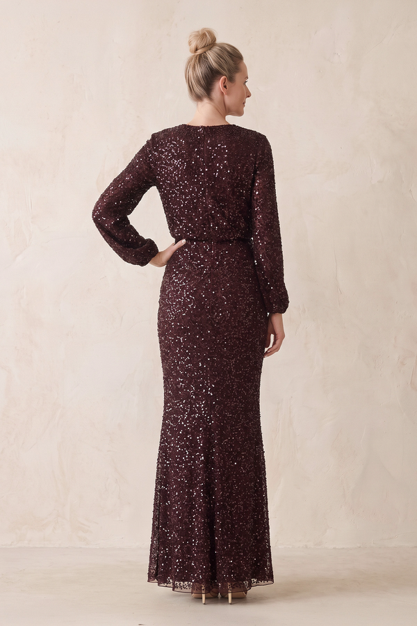 Rosewood Sequins Sheath Long Sleeves Round Neck Mother of the Bride Dress (2) | KISSBRIDAL