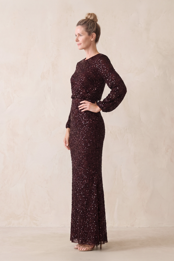 Rosewood Sequins Sheath Long Sleeves Round Neck Mother of the Bride Dress (3) | KISSBRIDAL
