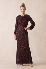 Rosewood Sequins Sheath Long Sleeves Round Neck Mother of the Bride Dress | KISSBRIDAL